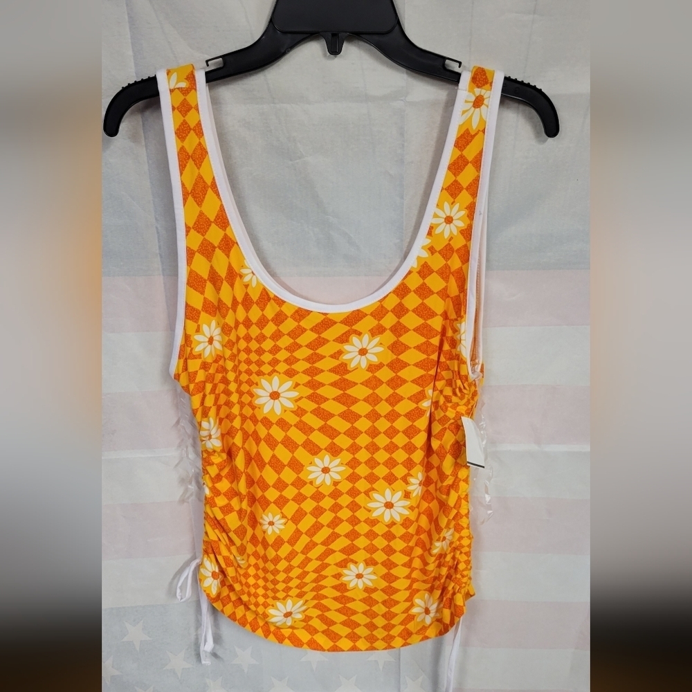 Derek Heart Orange w Daisies Checked 1X Drawstring Side Tank Top